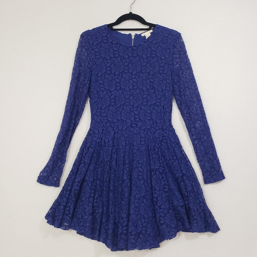 H&M Royal Skater Dress  blue lace overlay mini flowy long sleeved Fit & Flare